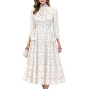 Macgraw Floral Lace Long Sleeve Midi Dress, White Lace Embellished With Pearls